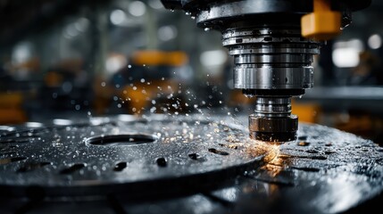 A CNC machine at work in a metal factory, drilling a metal workpiece with laser-focus and efficiency.
