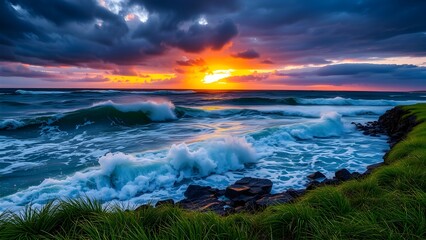 Fototapeta premium A dramatic seascape at sunset. Large, powerful waves crash against a rocky shoreline covered with green grass. The waves are a mix of deep blues and whites, showcasing the force of the water. The sk