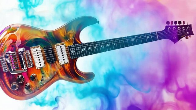 Chromatic Guitar: A vibrant electric guitar with an artistic, colorful finish, resting amidst a swirling nebula of hues, expressing the essence of music and artistic expression.