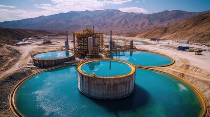Industrial complex with tanks amidst desert mountains, clear blue skies