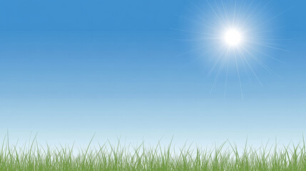 Obraz premium Bright sun shining over clear blue sky with lush green grass in foreground creates serene and cheerful atmosphere, perfect for summer vibes and outdoor activities