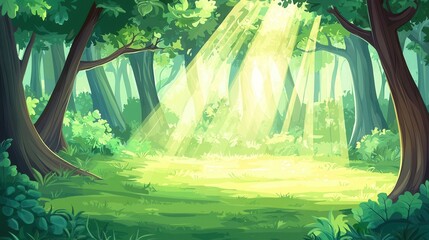 Sunbeams filtering through lush green forest canopy
