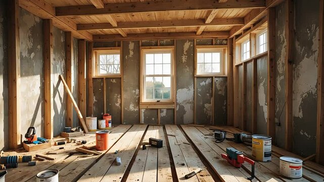 Interior of an unfinished house under construction with wooden floors, exposed walls, and building tools scattered across the room.

