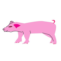 A cartoon pig is walking on a pink background