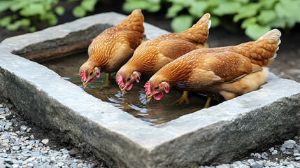 Fototapeta premium Three Rhode Island Red hens drinking from a stone water trough i