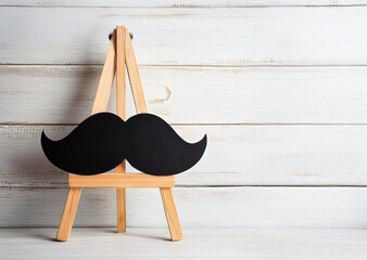 Black Mustache Cutout on Small Wooden Easel over White Wood Background