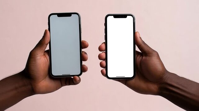Two Hands Holding Blank Smartphones with Copy Space on Light Background for Technology Concepts