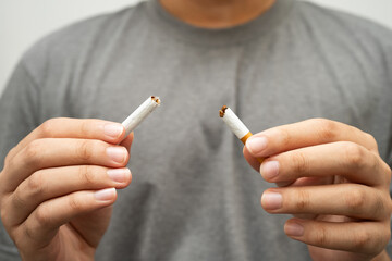 Quit smoking, Asian teenage man breaking destroy cigarette in hand.