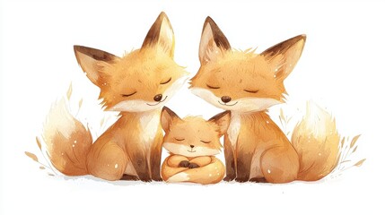 Watercolor Fox Family Snuggles: Cute Parent Foxes Embracing Their Baby in a Sweet, Gentle Illustration.