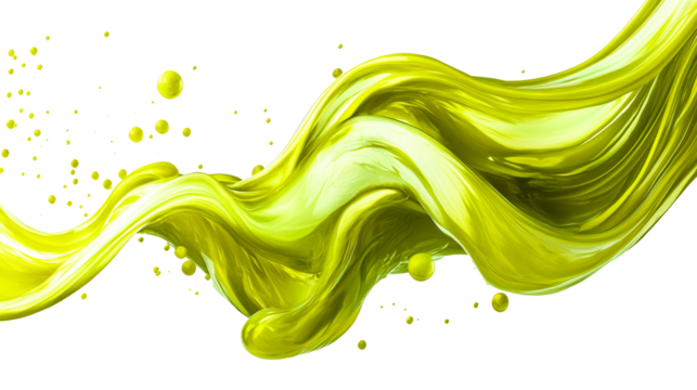 Fluid yellow stream with splash, on dark background, cut out transparent