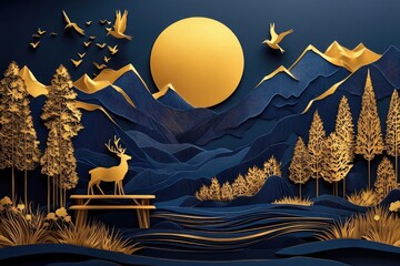 Golden Deer Stands on Table with Forest, Full Moon, Birds, and Mountain Range
