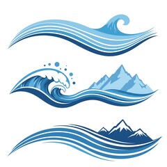 Stylized vector illustration featuring waves and mountains in shades of blue