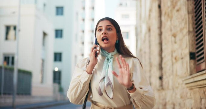 Woman, phone call and late with watch in city for deadline, time management or delay. Female person, employee or rushing with mobile smartphone or wristwatch for schedule or tasks in an urban town