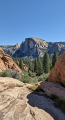 Fototapeta premium Granite Mountains Landscape with Evergreen Trees against Clear Blue Sky