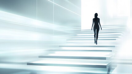 Silhouette figure ascending futuristic steps.