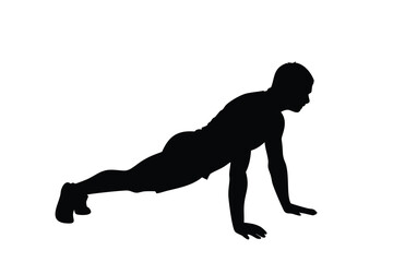 Push-Up Fitness Pose in Black Silhouette Vector Illustration.