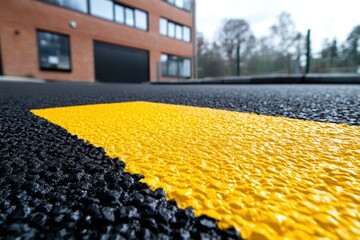 Fototapeta premium A bright yellow stripe marks the asphalt road surface in sharp focus. Depicts safety and traffic regulations near buildings, conveying urban planning.
