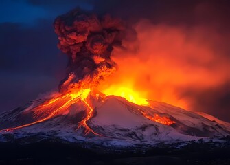 The majestic Volcano Etna is in a period of eruption, with glowing lava spewing