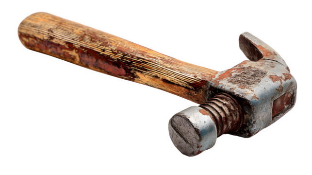A weathered hammer with wooden handle and steel head, isolated on Transparent background