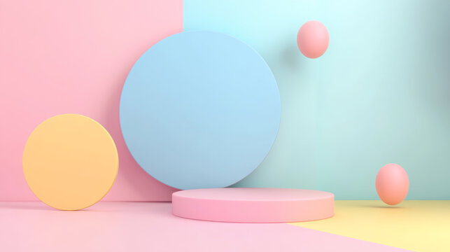 composition featuring geometric shapes in pastel colors, including circles and spheres, set against colorful background. playful arrangement evokes sense of creativity and modern design