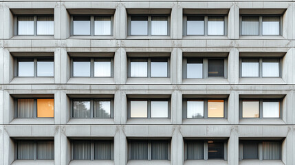 Fototapeta premium Symmetrical facade of modern concrete building with grid windows, some warmly lit, creating a minimal urban pattern.