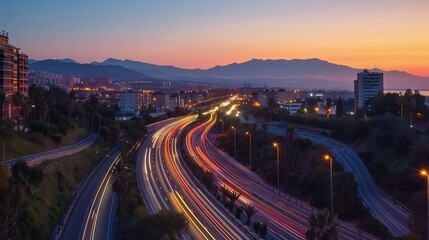 Long exposure photo of a busy highway at dusk with vibrant light streaks from speeding cars, capturing dynamic urban traffic energy in motion.