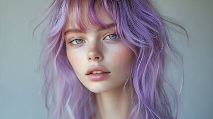 Naklejka premium Closeup portrait of a beautiful young woman with lavender hair and freckles