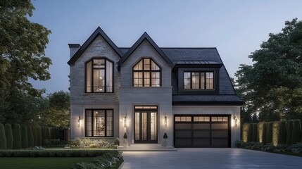 Ultra quality image of beautiful modern farmhouse style luxury home exterior at twilight.