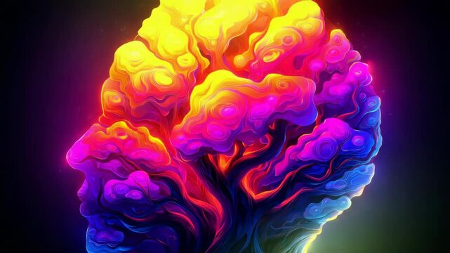 Abstract glowing silhouette of a human head, with colorful swirling patterns suggesting thoughts and consciousness, against a dark backdrop.