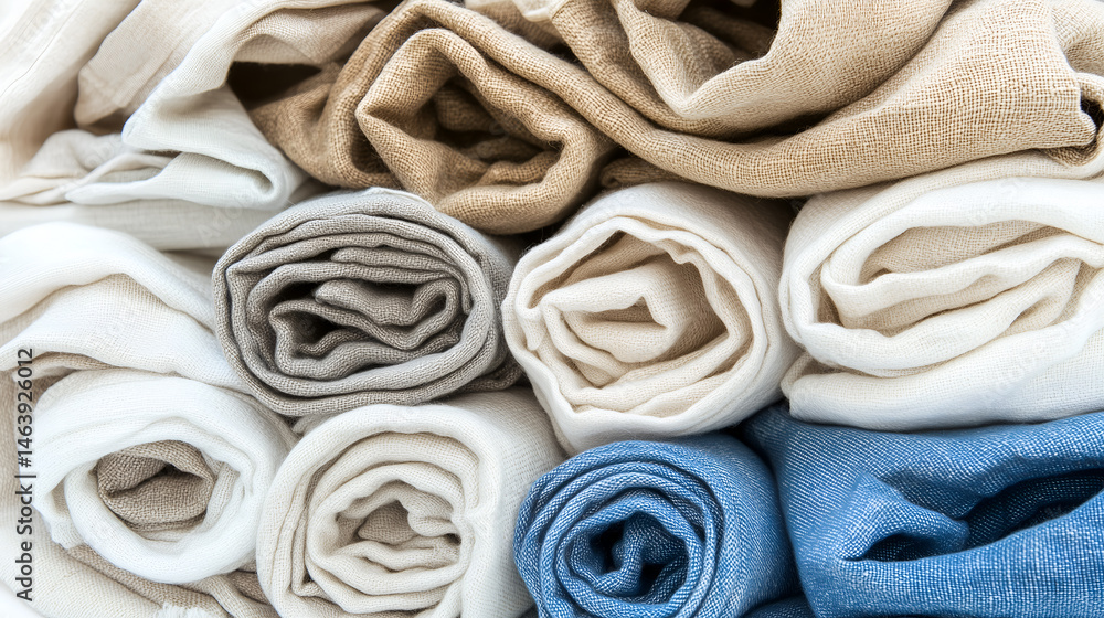 Poster an assortment of rolled fabric neatly organized. the fabric rolls come in a variety of colors, creat