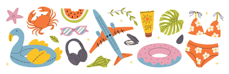 Set of cute summer elements: swimsuit, sunscreen, crab, airplane, tropical palm leaf, glasses, watermelon, shell. Bright summer beach elements