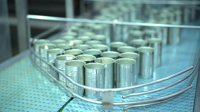 Aluminum cans for canned fish are being transported on a production line for sterilization and cooking. 