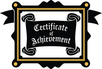 Elegant certificate of achievement design with black and gold frame and scroll elements