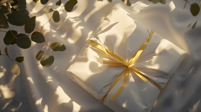A beautifully wrapped gift, with a golden ribbon, bathed in natural sunlight, rests on a luxurious silk fabric. Elegant foliage adds a touch of nature to this scene.
