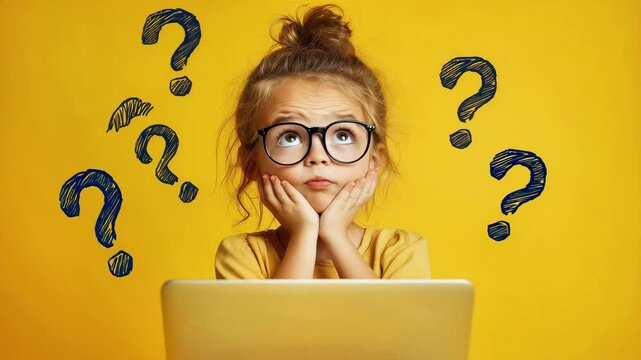 Curious kid girl with glasses looks up thoughtfully surrounded by question marks on yellow background, sitting behind laptop feeling confused and curious.