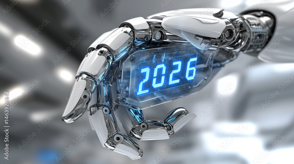 Poster a futuristic robotic hand displaying the year 2026 on a digital display