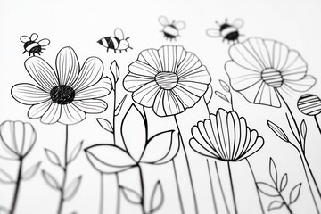 Black ink drawing of flowers and bees on white background. Detailed illustrations of various flowers with intricate designs,  and buzzing bees. Simple, stylized floral and insect graphic