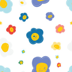 Colorful cute floral seamless pattern. Naive art style, children illustration. Doodle flowers background.