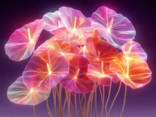 A cluster of glowing, neon-colored flowers with translucent petals against a dark background.