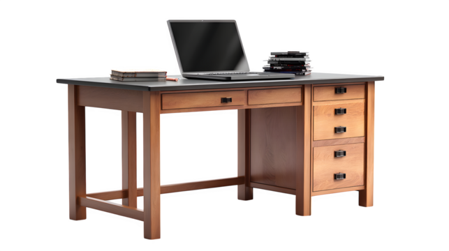 A writing desk with drawers and laptop on top, isolated on Transparent background