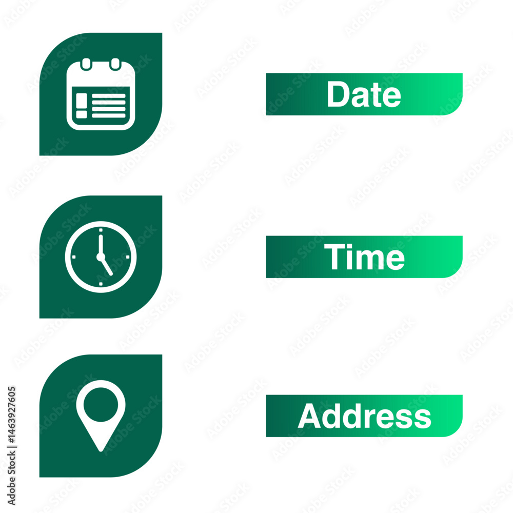 Poster time, date and address symbol set isolated on transparent background