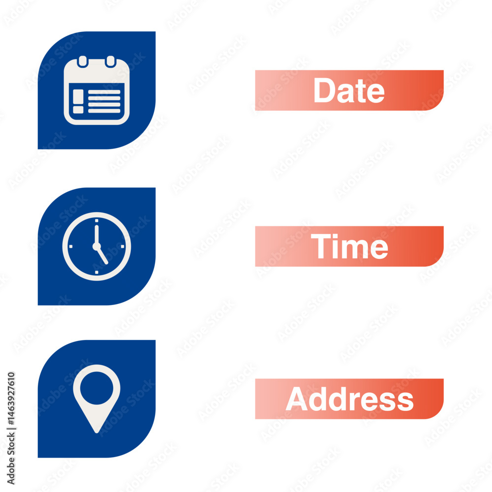Poster time, date and address symbol set isolated on transparent background