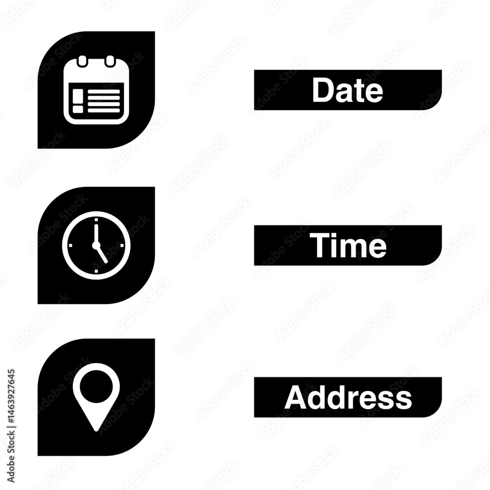 Poster time, date and address symbol set isolated on transparent background