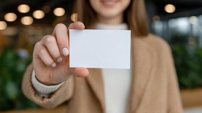 A woman in a brown coat holds a blank business card towards the camera, smiling in a blurred indoor setting. - Powered by Adobe