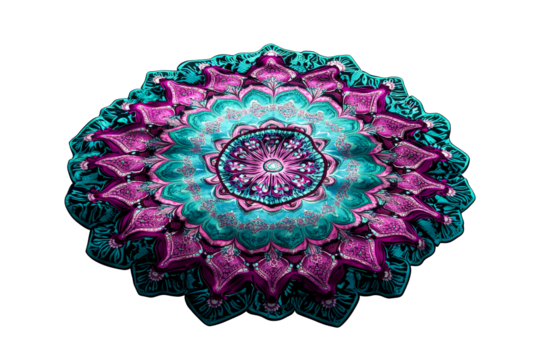 Ornamental lotus blossom pattern, detailed teal and purple, cut out transparent