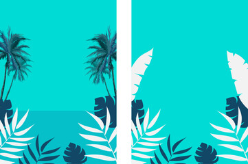 Summer concept background with tropical leaves and coconut palm trees. summer invitations, promotions, or posters