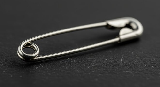 Photorealistic extreme close-up macro shot of a standard silver metal safety pin, securely closed. Security concepts, articles on quick fixes or DIY solutions, metaphors for holding things together 