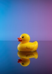 Photorealistic studio shot of a classic yellow rubber duck facing slightly sideways. Children's product advertising/websites, parenting blogs, bath product visuals