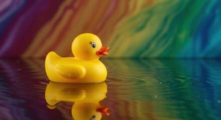 Photorealistic studio shot of a classic yellow rubber duck facing slightly sideways. Children's product advertising/websites, parenting blogs, bath product visuals