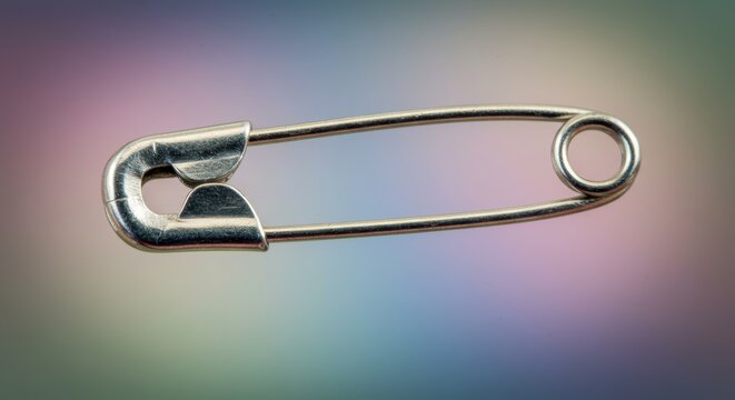 Photorealistic extreme close-up macro shot of a standard silver metal safety pin, securely closed. Security concepts, articles on quick fixes or DIY solutions, metaphors for holding things together 